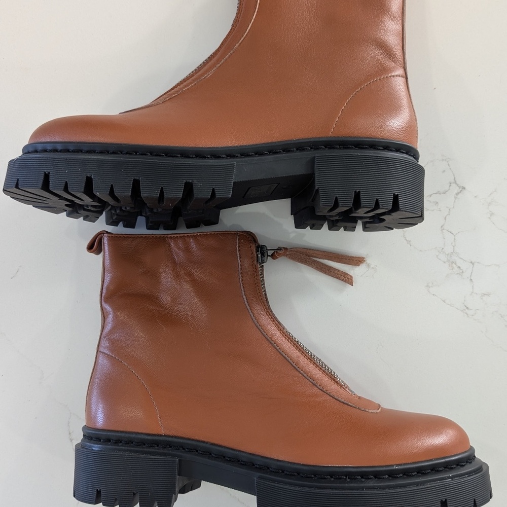 STAUD Miles Zip Ankle Combat Boots Womens 37 7 Sequoia Brown Leather Front Zip